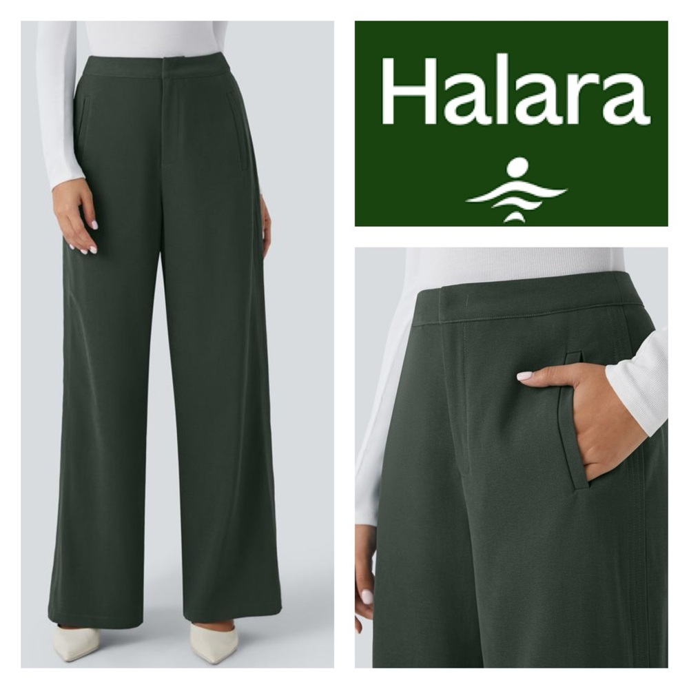 HALARA High Waisted Invisible Button Zipper Side Pocket Wide Leg Work Pants